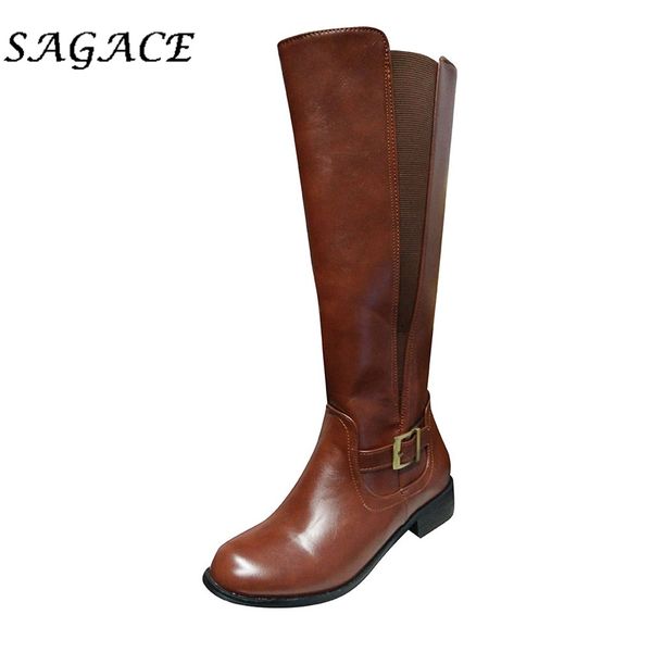 

sagace leather shoes ladies knee high boots slip-on round toe square heels women platform boots vintage ladies for winter, Black