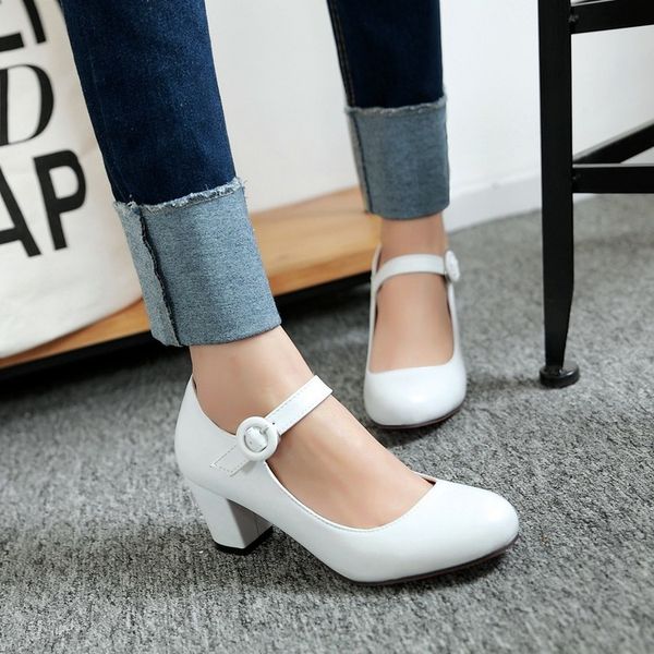 

fashion women shoes mary jane ladies round toe high heels white wedding shoes thick heel pumps lady shoes black pink plus size