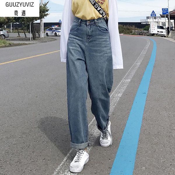 

guuzyuviz loose vintage boyfriend jeans for women casual chic denim wide leg pants ladies 2018 higt waist washes jeans mujer, Blue