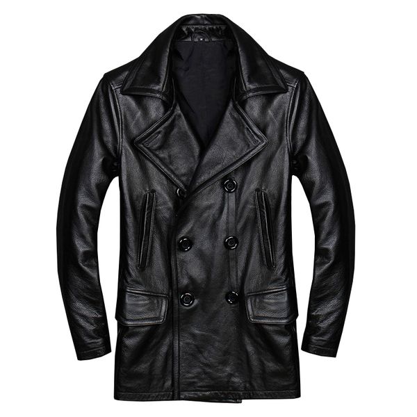 

2019 black men double breasted casual leather jacket plus size xxxxl genuine cowhide russian spring leather coat