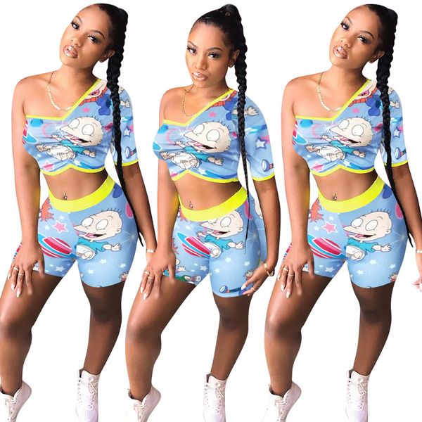 Multicolor dos desenhos animados Imprimir Tracksuits das mulheres Verão Two Piece Shorts Set Uma manga curta Top Curto Suits Shorts Set Faixa Sports Jogging Azul