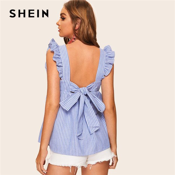 

shein boho cute blue ruffle armhole bow tie back striped blouse women summer round neck sleeveless flare hem preppy blouses, White