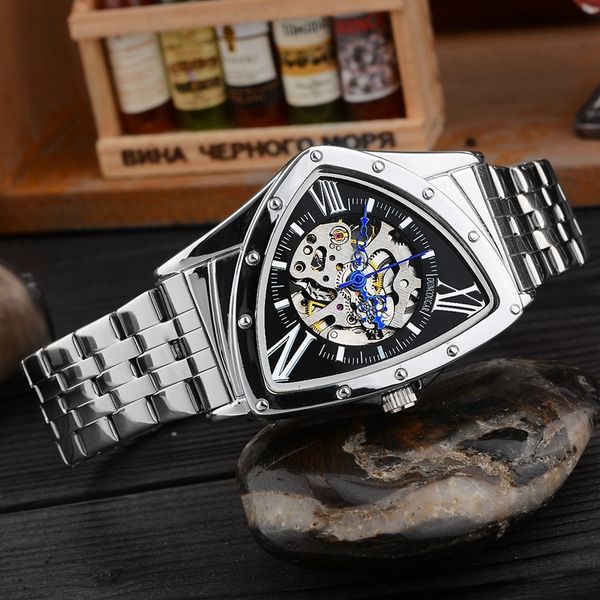 

men watch hollow triangular mechanical watches stainless steel men's wristwatches fashion brand men clock male dropshipping, Slivery;brown