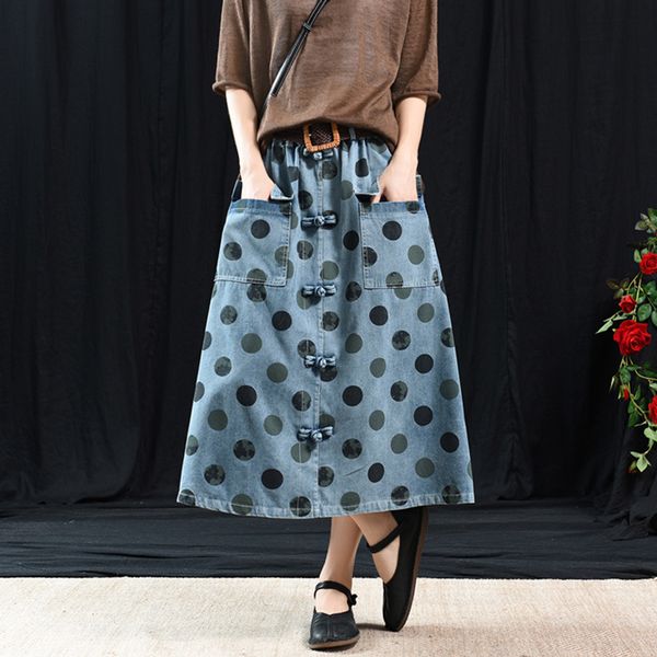 

skirts womens polka dot skirt big pocket buckle denim skirt female with belt, Black