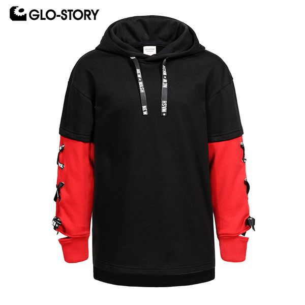 

glo-story children boys 2018 hip hop fashion streetwear hoodie kids lace tape sleeve block color patchwork sweatshirt coat 7450, Black