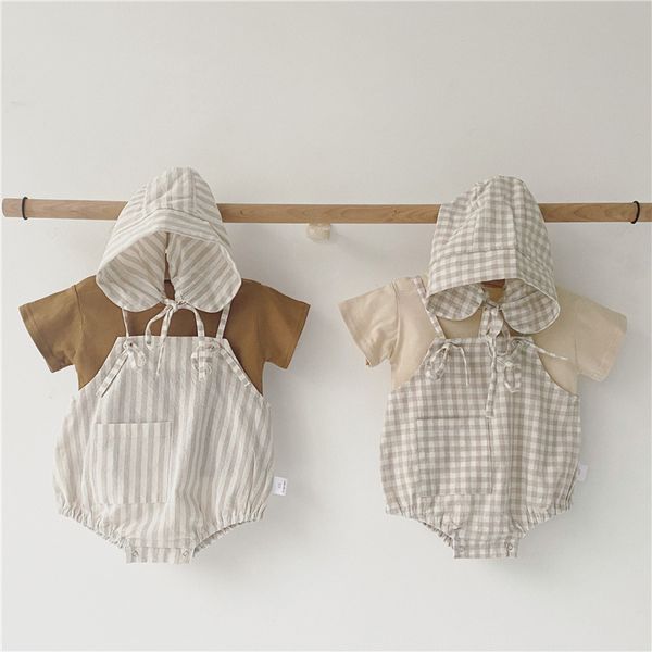 

2020 new korean japan style newborn baby boys clothes suit solid tee+plaid bodysuits with hat infant baby girl clothing set, White