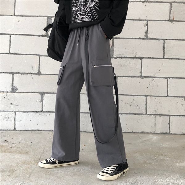 

string high waistband zip pocket ribbon loose harem cargo jogger hip hop streetwear punk track pant harajuku women man korean, Black;white