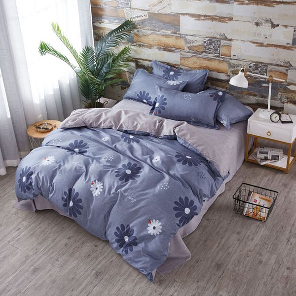 Floral Bedding Set King Size Simple Sweet Fashionable Navy Duvet