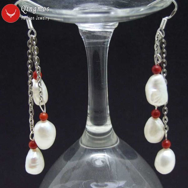 

qingmos natural white pearl earrings for women with 7-9mm baroque freshwater white pearl & red coral dangle earring 3" jewelry, Silver