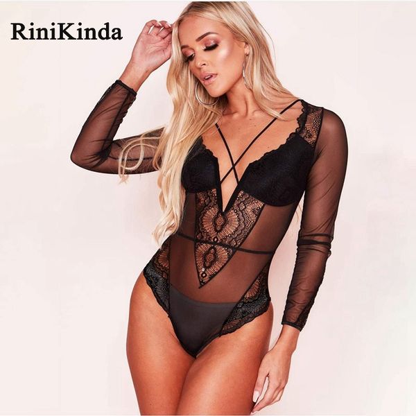 

rinikinda new ladies jumpsuits womens long sleeve mesh hollow out skinny rompers women summer club party casual bodysuit, Black;white