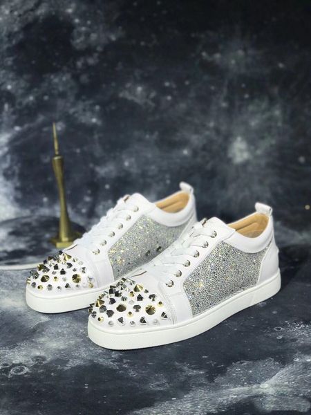 

original box] luxury design red bottom sneakers junior mix calfskin strass leather with studs casual party wedding shoes, Black