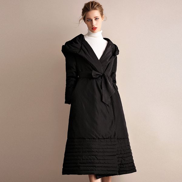 

fyiyi 2019 winter new down jacket female loose long section with bow 90 white duck down jacket coat hooded ladies, Black