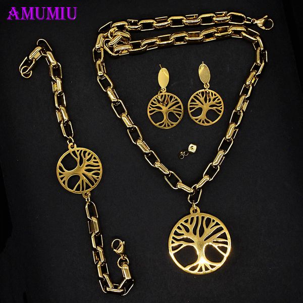 

amumiu wholesale stainless steel jewelry gold color necklace blacelet earrings jewelry sets for women life of tree js099, Silver