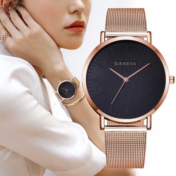

women men geneva watches stainless steel mesh quartz wristwatches clock montre femme, Slivery;brown