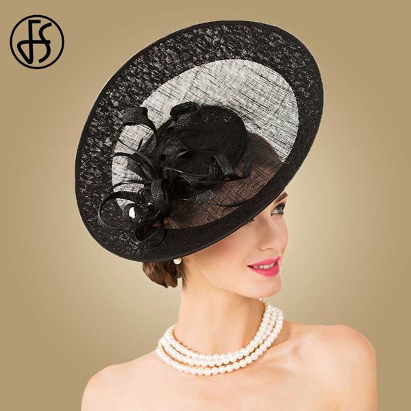 

fs british royal hat black linen fedora fascinator wedding dress elegant large brim hats for women ladies, Blue;gray