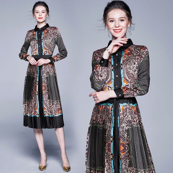 

new europe 2019 autumn casual black print dress elegant runway vintage female party dresses, Black;gray