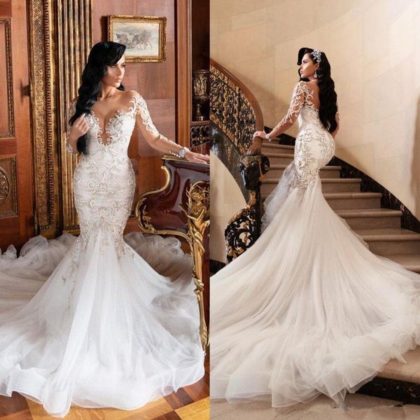 

saudi arabia vintage mermaid wedding dresses scoop neck long sleeve lace beaded bridal gowns plus size ruffles sweep train robes de marie, White
