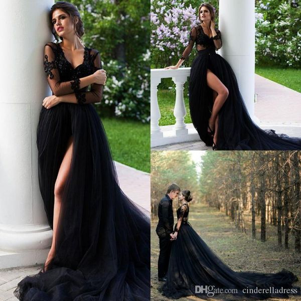 Sexy Rustikaler Landhausstil Gothic Schwarze Brautkleider V-Ausschnitt Illusion Spitze Lange Ärmel High Side Split Hochzeitskleid Brautkleider Vestidos