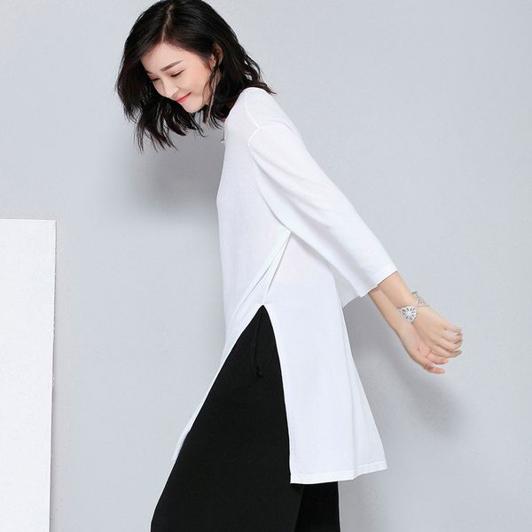 

2019 summer loose sweater women's head in the long section thin section split seven-point sleeve blouse t-shirt, White;black