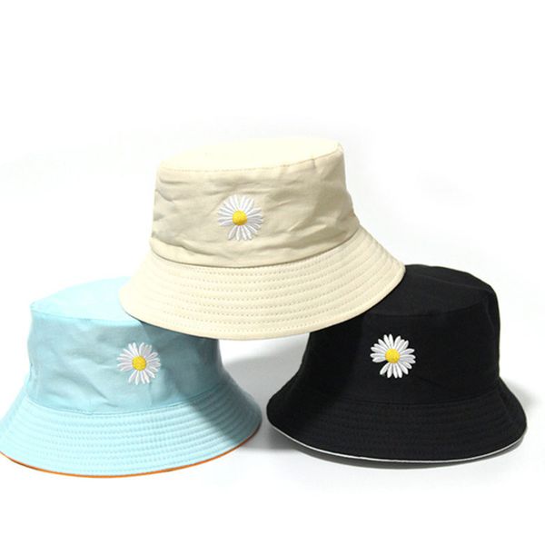 

2020 women girl summer outdoor travel double-sided wear fisherman caps little daisy sunshade anti ultraviolet basin wider brim beach hats, Blue;gray