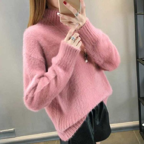 

women's sweater new loose half-high collar pullover hair sweater woman new 2019 wear korean thickening imitation cashmere sweate, White;black