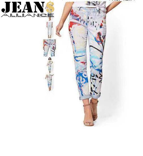 

3d stretchy jeans with 3d flowers pattern painted pencil pants woman elegant style denim pants trousers for women jeans, Blue