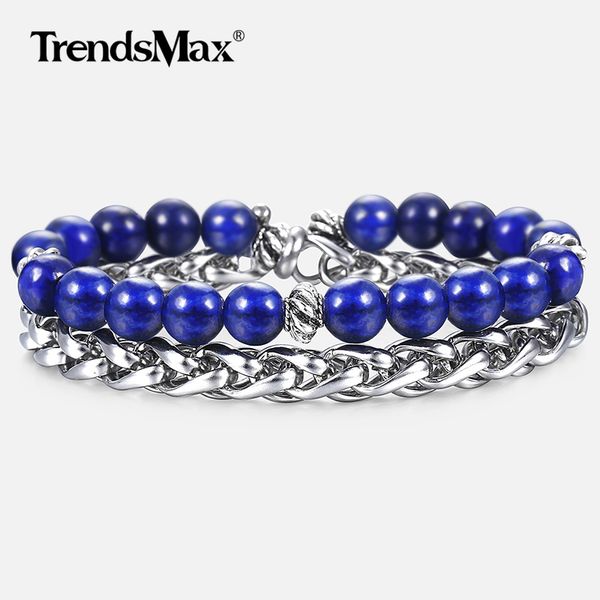 

8mm lapis lazuli tiger eye stone men's beaded bracelet stainless steel wheat link bracelet male wristband gifts for men dbm46, Black