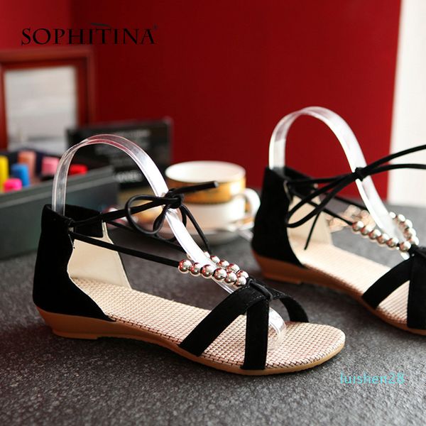 

sophitinadress casual lady shoes string bead cover heel party new ankle strap women sandals summer fashion lace-up l28, Black