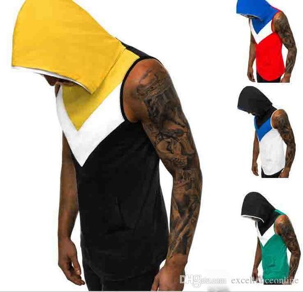 

топ мужской жилет с короткими рукавами шить цвет с капюшоном фитнес-жилет 2019 лето европейский и американский мужской хлопок с короткими ру, White;black