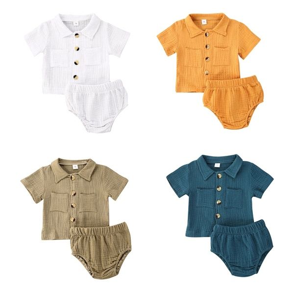 

baby girls boys short sleeve t-shirt button down shirts cotton linen shorts 2pcs summer outfits, White