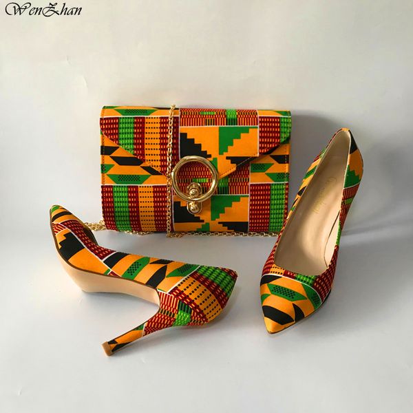 

latest high heel shoes 10cm with women bag set made by african popular kente wax fabric prints style 36-43 selling a97-29, Black