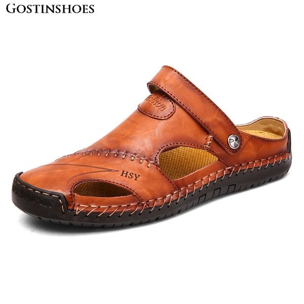 

men sandals leather chappal for men large size handmade sewing closed toe sandalias mens sandals erkek sandalet, Black