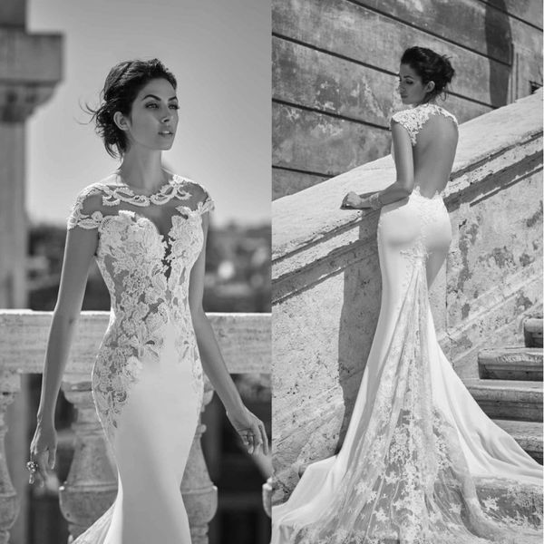

vestidos de noiva crew neck mermaid wedding dresses 2019 cap sleeves keyhole backless brush train custom made plus size wedding gowns, White