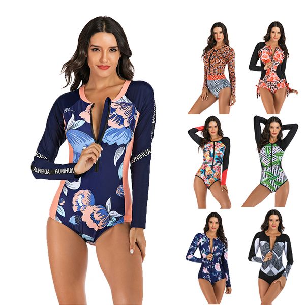 

women's swimwear one-piece print long sleeve rash guard surf rashguard swimsuit sports diving, White;black