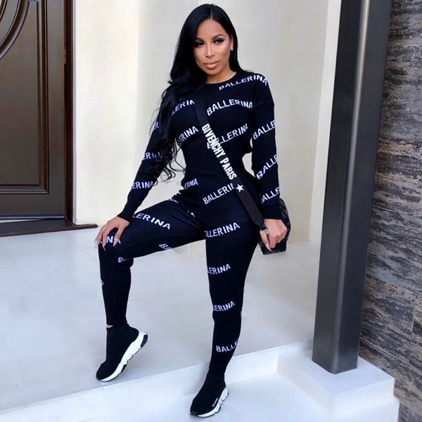 

Autumn Women Letter Print 2pcs Sexy Fashion Designer Slim Casual 2Pcs Long Sets Female Clothing