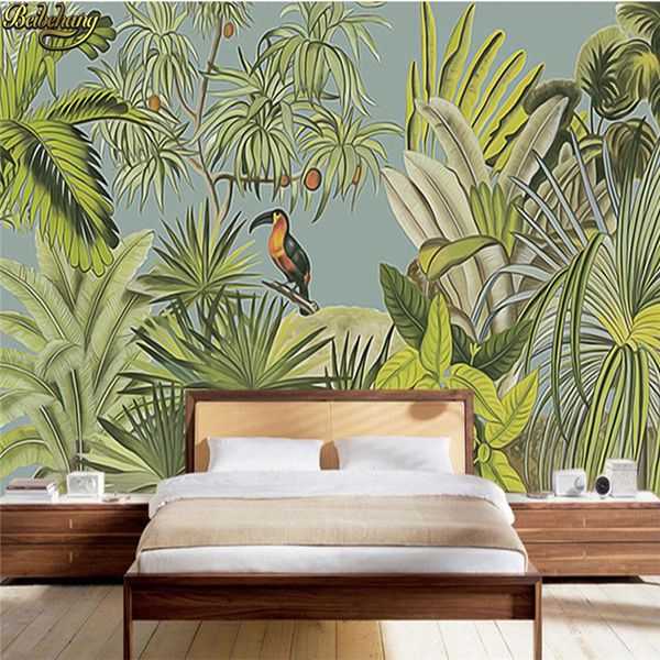 beibehang Carta da parati personalizzata adesivi murali murale di grandi dimensioni retro foresta pluviale tropicale pappagallo foglie di palma parete del soggiorno TV