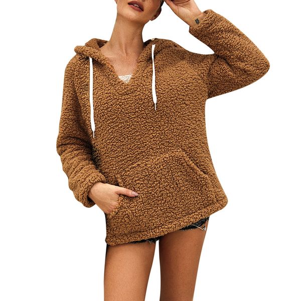 

winter warm women hoodies solid color hoody frenulum fleece sweatshrits womens v-neck long sleeves pocket casual sweatshirts, Black