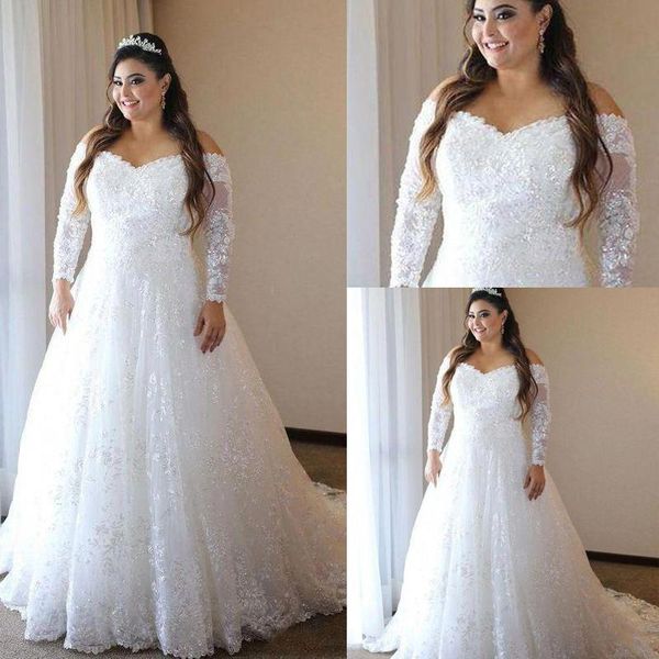 

plus size wedding dresses off shoulder sheer long sleeves 2020 latest bridal gowns a line illusion back sweep train african wedding dress, White