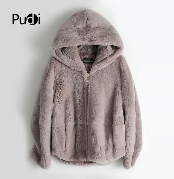

pudi women real rex fur coat jacket female 2020 brand new full pelt natural fur coats ball jackets with hood ct026, Black