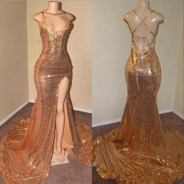 

gold sequin mermaid prom party dresses new criss cross backless spaghetti straps front split long evening gowns reflective, Black