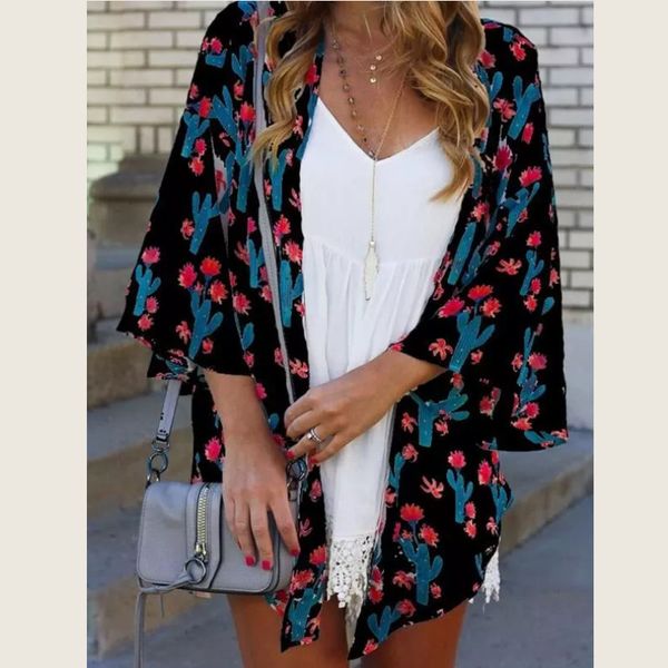 

summer boho women floral printed cover-ups loose shawl kimono cardigan ladies chiffon beach dress cover up bikini wraps sarongs, Blue;gray