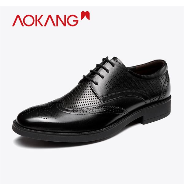 

aokang men dress shoes summer hollow breathable leather brogue shoes men formal oxford fashion business flat male, Black