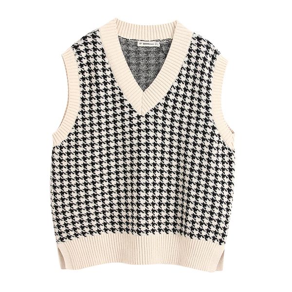 

elina spring casual v neck sweaters women fashion loose houndstooth sweater women elegant sleeveless sweaters female ladies cv, Black;white