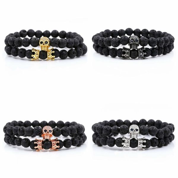 

1 pair black lava natural stone beads bracelets for men women skull & crown volcanic rock bead strand bracelet skeleton jewelry