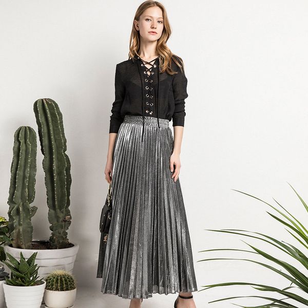 

charm women maxi skirt high waist ankle long casual metallic long pleated skirts, Black