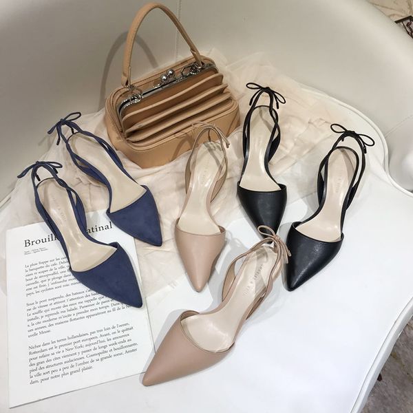 

лето новый 2020 корейская версия заостренной синие баоей дамы на высоких каблуках сандалии небольшого ска полой спину и тонкие каблуков женс, Black