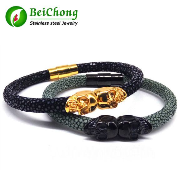 

northskull stingray leather skull bracelet twin skull bracelets bangles for man women jewelry gift, Golden;silver