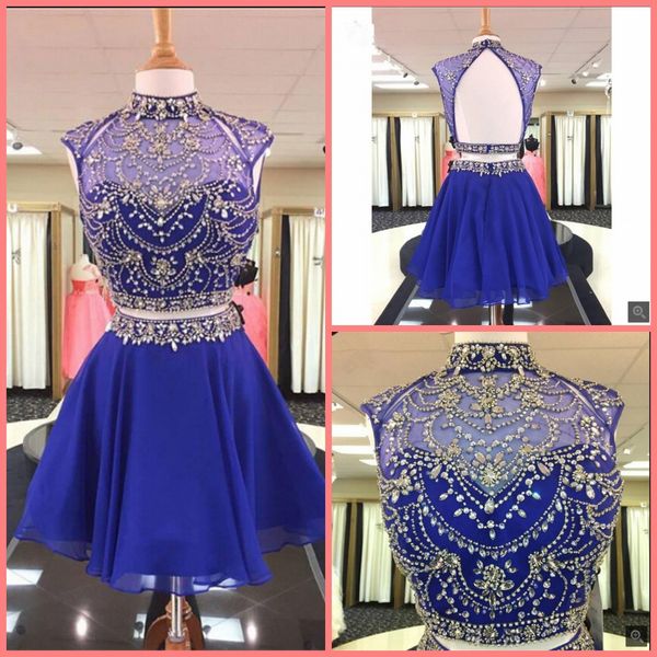 

2019 real picture two piece royal blue heavily beading informal prom dress high neck cap sleeve chiffon a line cocktail prom gowns 2019, Black