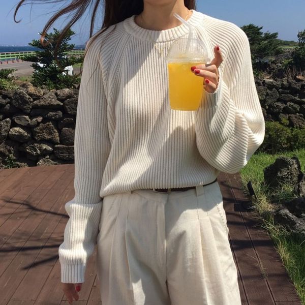 

корейская мода дамы полный рукав женщины вязание свитер сплошной o-образным вырезом пуловер и джемпер свободный свитер горячие продажи, White;black