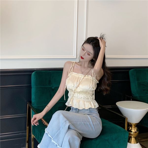 

summer sweet beauty fashion brand bow tied belt self-cultivation spaghetti strap ruffles crop vetement femme tanks camis, White